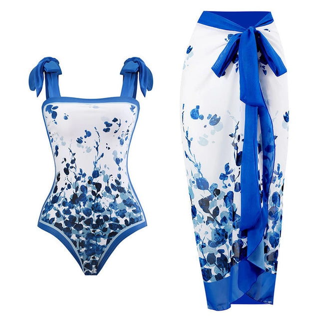 New Tie Shoulder One Piece Swimsuit with Sarong Wrap Up Blue