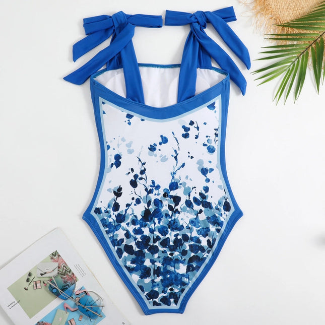 New Tie Shoulder One Piece Swimsuit with Sarong Wrap Up Blue