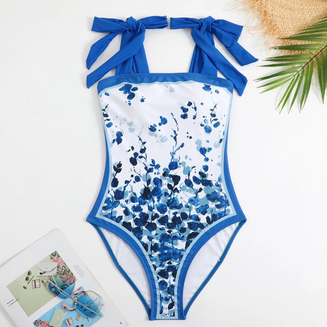 New Tie Shoulder One Piece Swimsuit with Sarong Wrap Up Blue