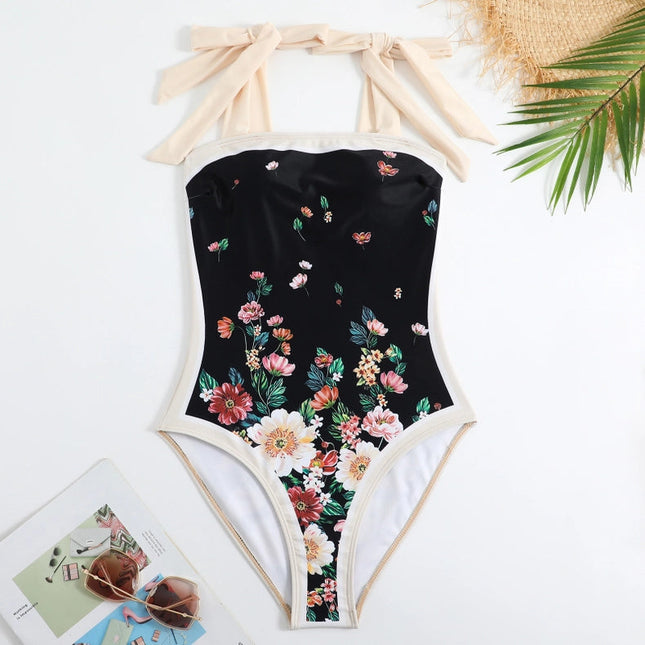 New Tie Shoulder One Piece Swimsuit with Sarong Wrap Up Flower