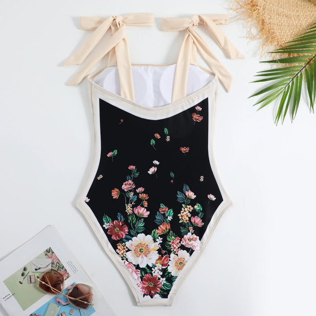 New Tie Shoulder One Piece Swimsuit with Sarong Wrap Up Flower