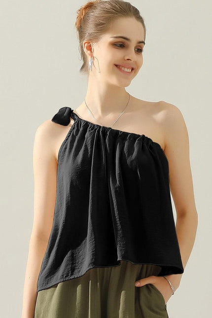 Ninexis One Shoulder Bow Tie Strap Satin Silk Top-UHX-Black-S-Urbanheer