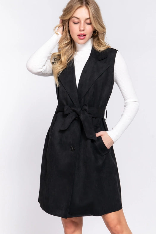 Notched Collar Belted Faux Suede Vest BLK-black