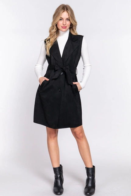 Notched Collar Belted Faux Suede Vest BLK-black