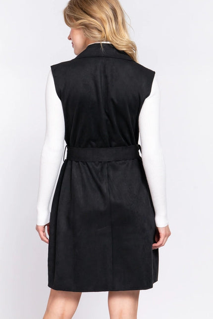 Notched Collar Belted Faux Suede Vest BLK-black