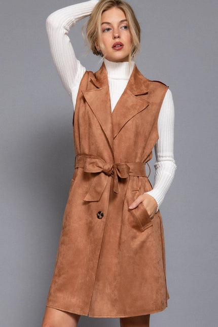 Notched Collar Belted Faux Suede Vest KHA-camel