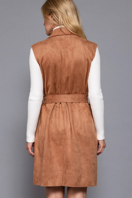 Notched Collar Belted Faux Suede Vest KHA-camel