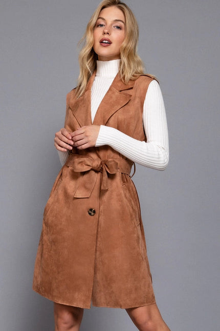 Notched Collar Belted Faux Suede Vest KHA-camel