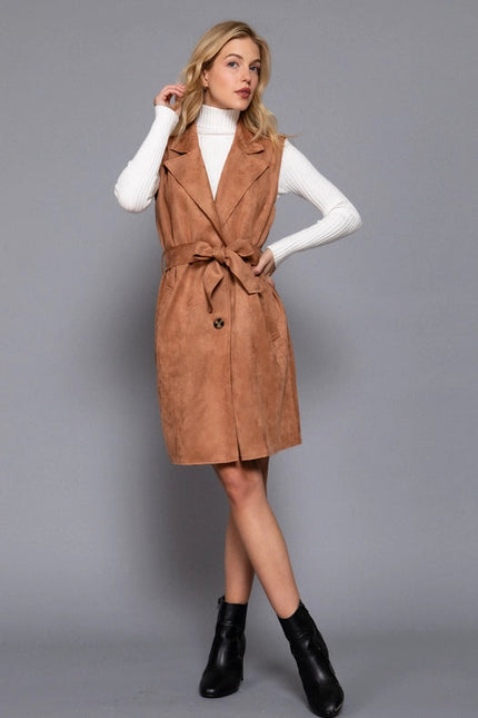 Notched Collar Belted Faux Suede Vest KHA-camel