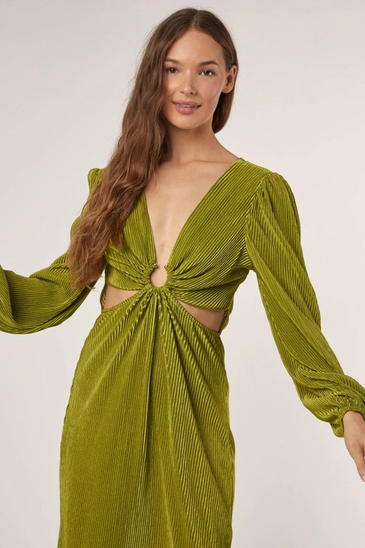 O Ringed Trim Deep V Neck Long Slv Dress CHARTREUSE