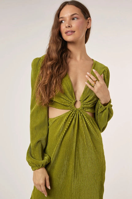 O Ringed Trim Deep V Neck Long Slv Dress CHARTREUSE