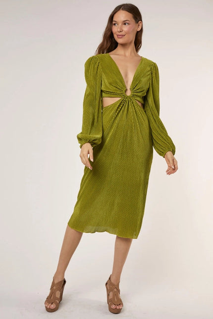 O Ringed Trim Deep V Neck Long Slv Dress CHARTREUSE