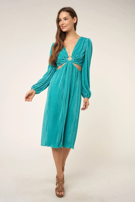 O Ringed Trim Deep V Neck Long Slv Dress JADE