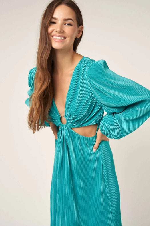 O Ringed Trim Deep V Neck Long Slv Dress JADE