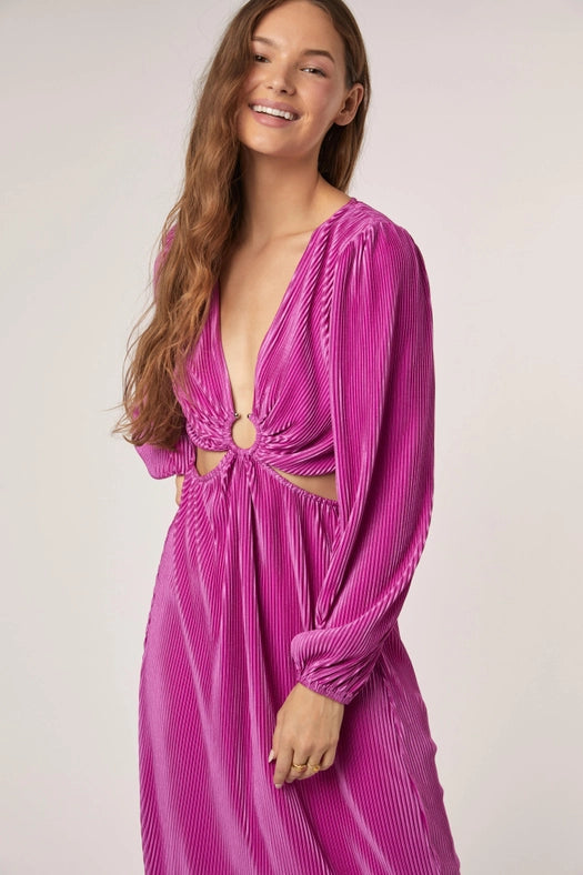 O Ringed Trim Deep V Neck Long Slv Dress MAGENTA