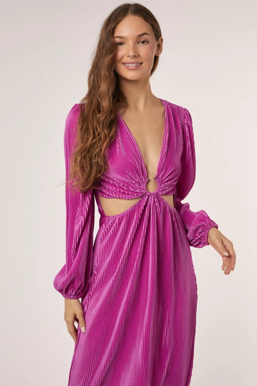 O Ringed Trim Deep V Neck Long Slv Dress MAGENTA