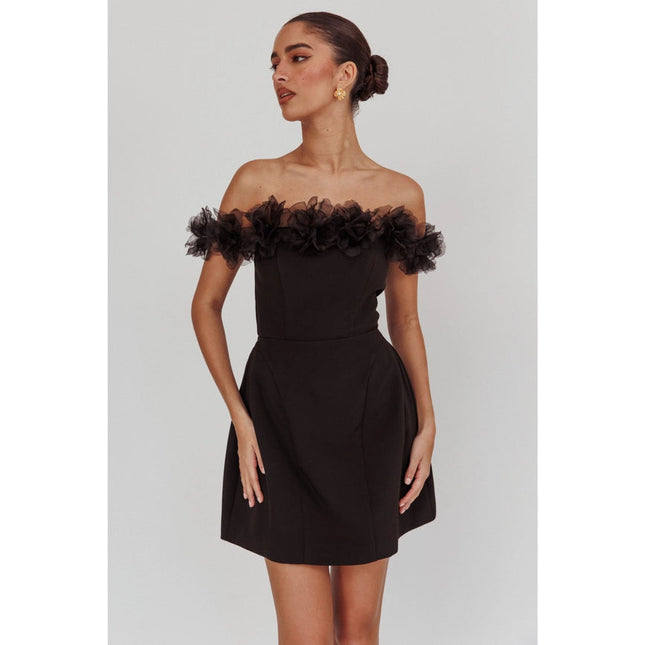 Off the Shoulder Tulle Detail Mini Dress