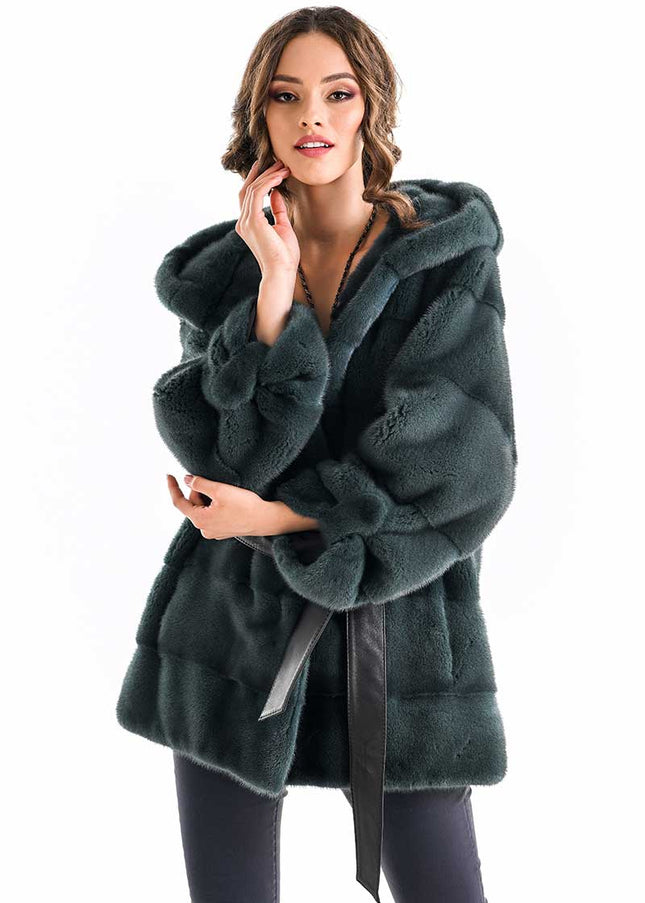 Olive Elegant Genuine Mink Fur Hooded Coat-0