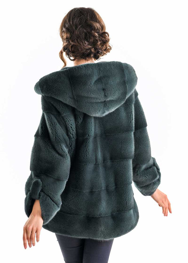 Olive Elegant Genuine Mink Fur Hooded Coat-1