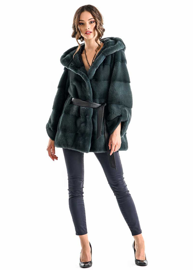 Olive Elegant Genuine Mink Fur Hooded Coat-2