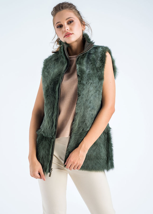 Olive Geniune Reversible Sheepskin Fur Vest-0