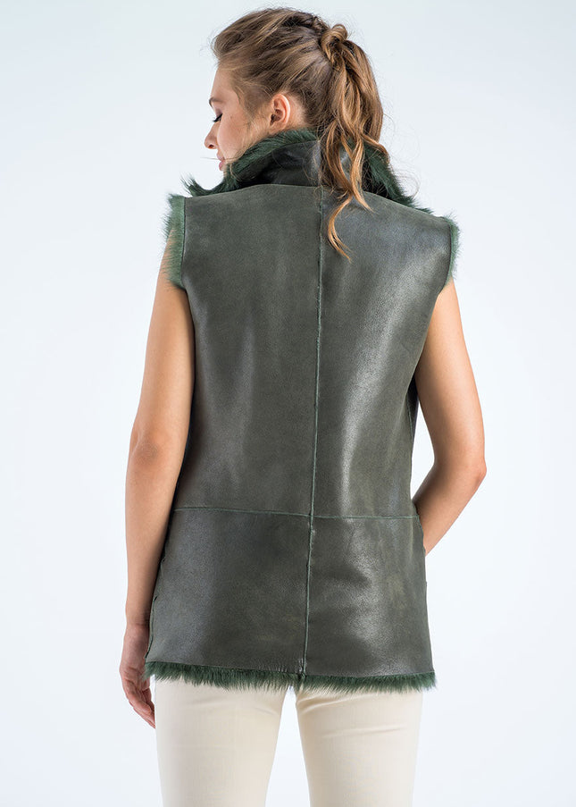 Olive Geniune Reversible Sheepskin Fur Vest-3