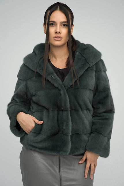 Olive Genuine Hooded Mink Fur Coat-0