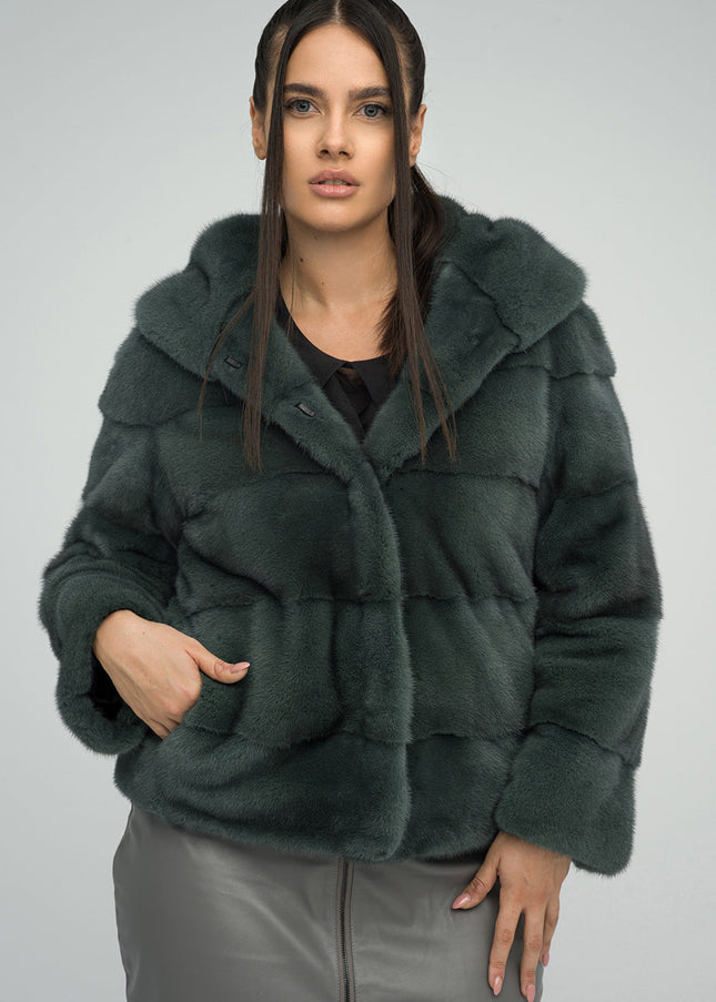 Olive Genuine Hooded Mink Fur Coat-0