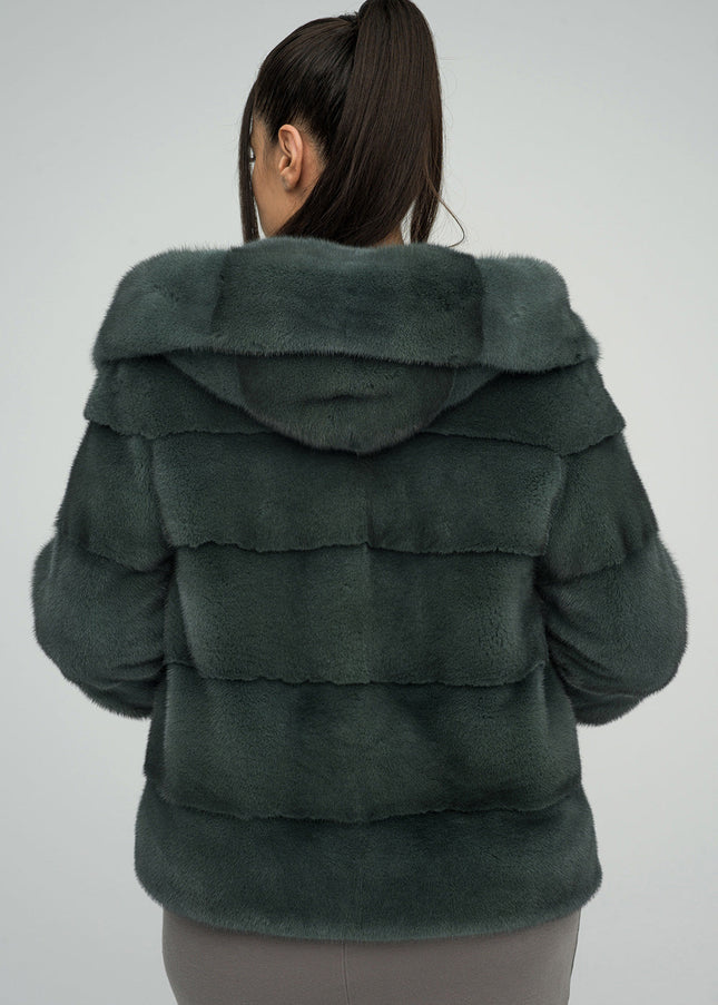 Olive Genuine Hooded Mink Fur Coat-1