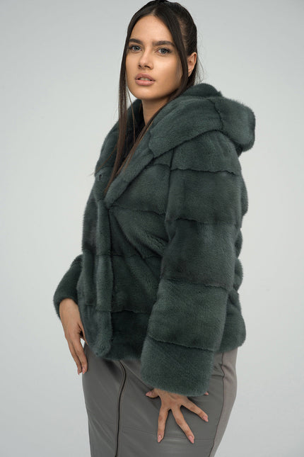 Olive Genuine Hooded Mink Fur Coat-2