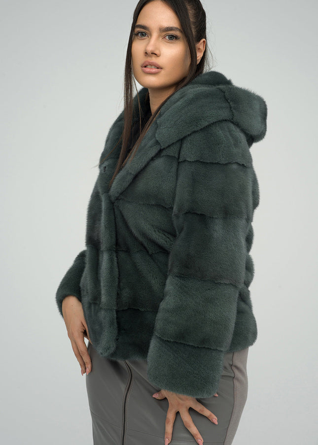 Olive Genuine Hooded Mink Fur Coat-2