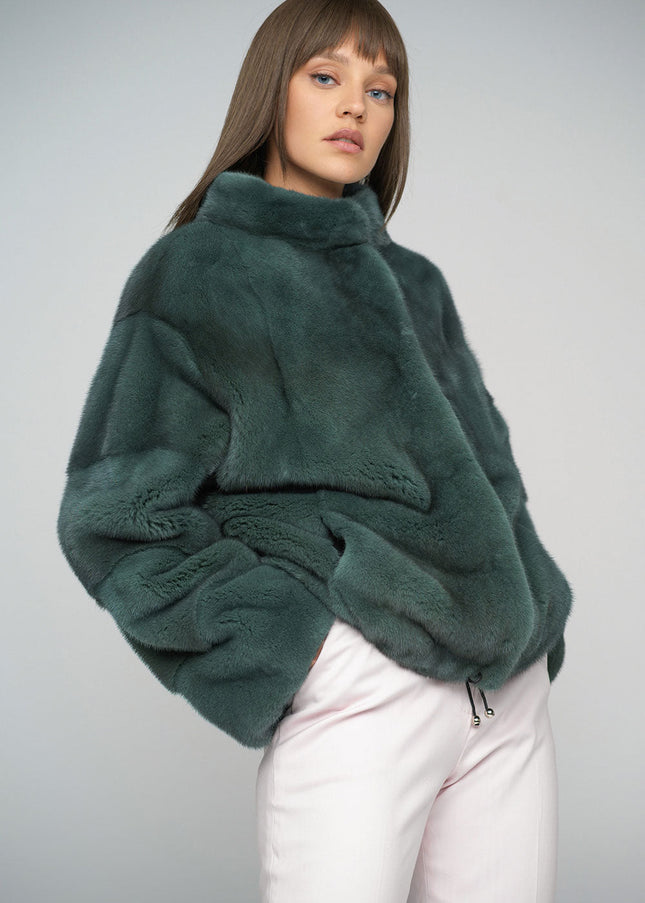 Olive Genuine Mink Fur Coat-0