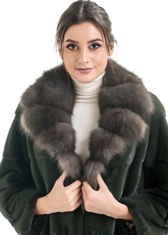 Olive Genuine Mink Fur Coat with Marten Fur Collar-2