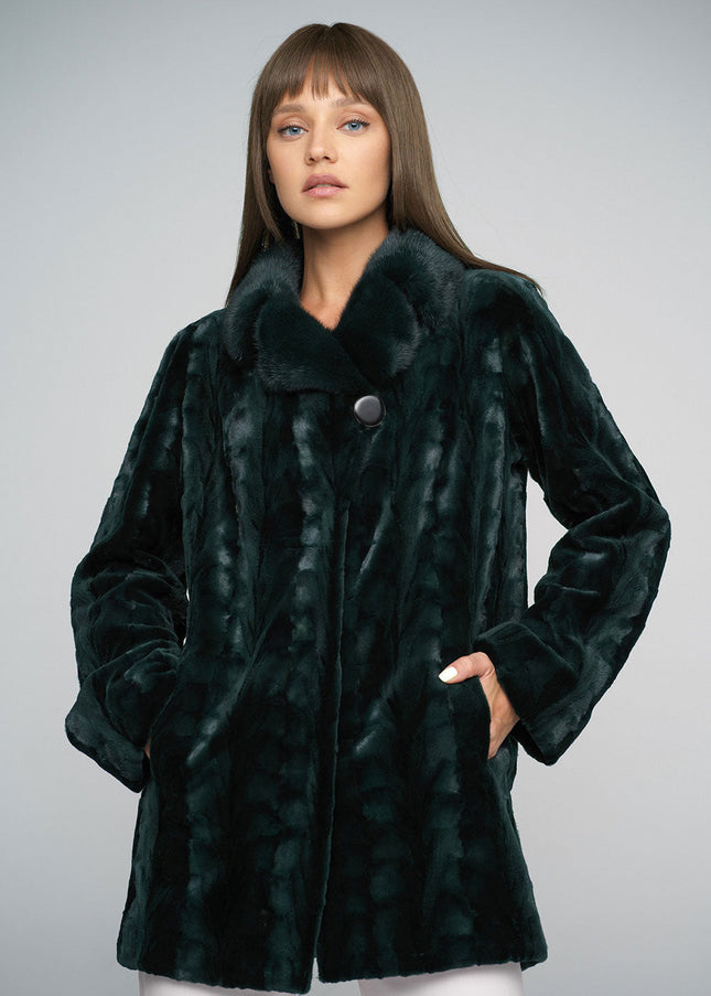 Olive Genuine Mink Fur Midi Coat-0