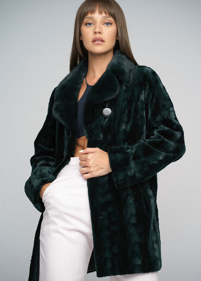 Olive Genuine Mink Fur Midi Coat-2