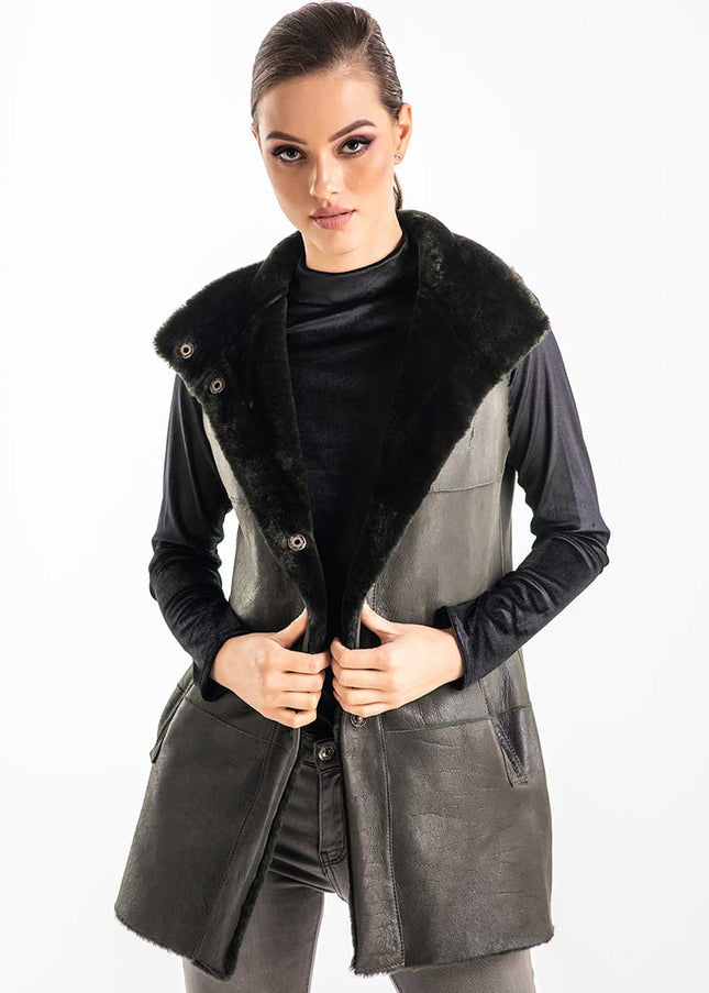 Olive Reversible Geniune Nappa Lamb Leather Mouton Fur Vest-2