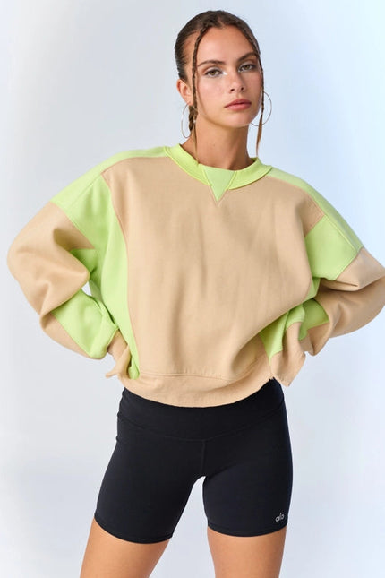 Olivia Contrast Pullover w/ Asymmetrical Hemline Taupe/Lime