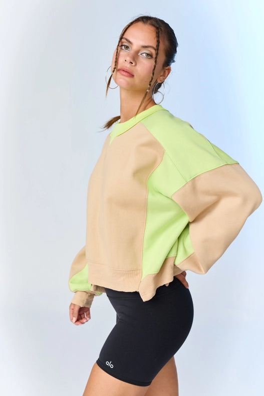 Olivia Contrast Pullover w/ Asymmetrical Hemline Taupe/Lime