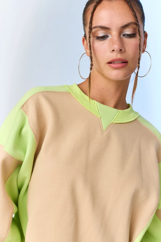 Olivia Contrast Pullover w/ Asymmetrical Hemline Taupe/Lime