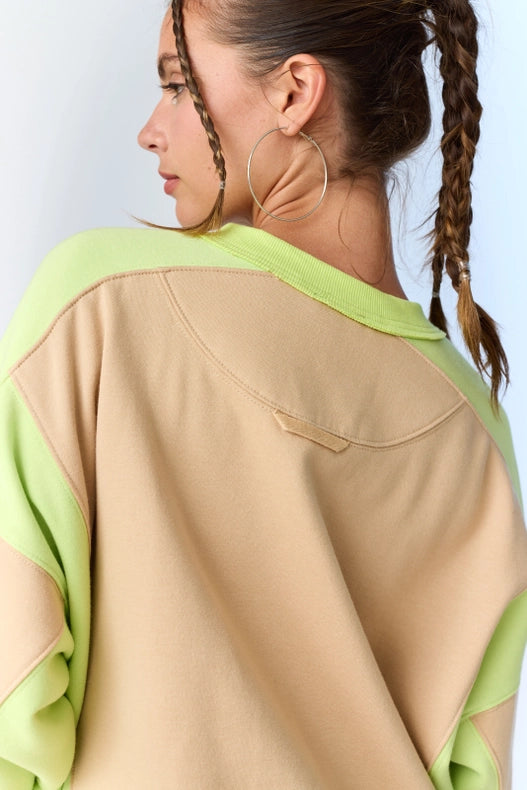 Olivia Contrast Pullover w/ Asymmetrical Hemline Taupe/Lime