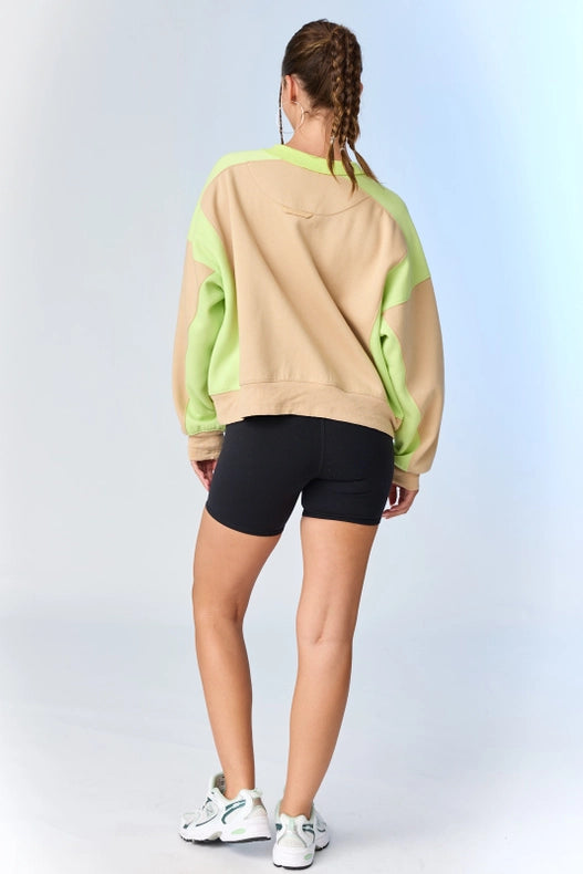 Olivia Contrast Pullover w/ Asymmetrical Hemline Taupe/Lime