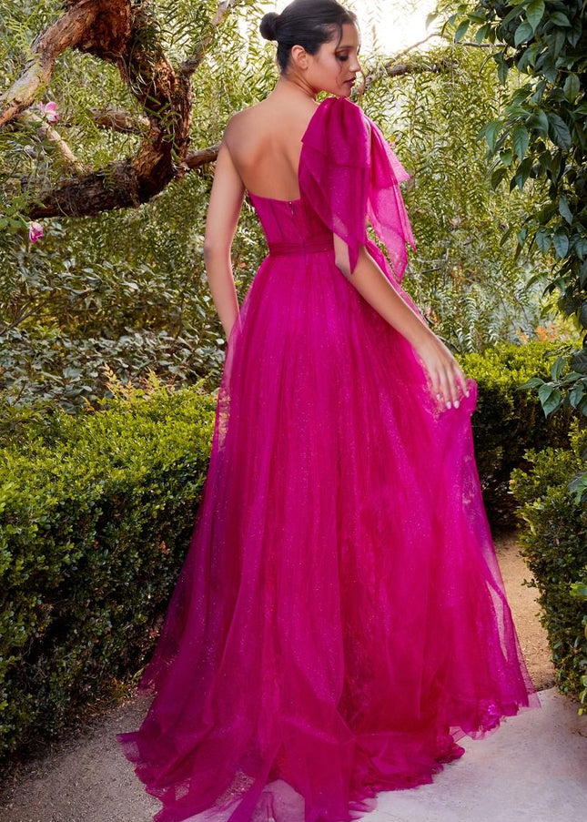 One Shoulder Magenta A-Line Gown-1