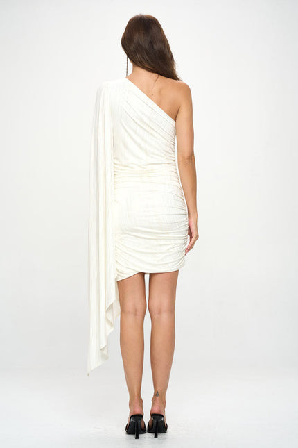 One Shoulder Ruched Dress with Gold Foil Detail-5