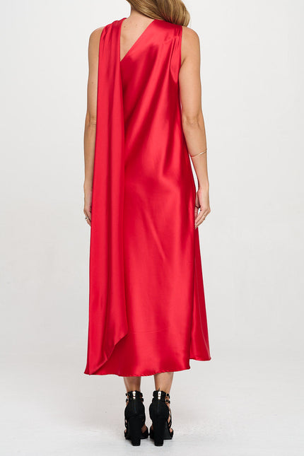 One Shoulder Satin Maxi Dress with Scarf Detail-4