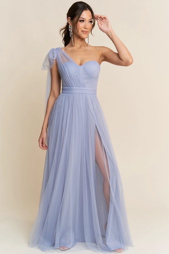 One Shoulder Tulle Tied Double Slits Details Maxi Dress  Dusty Blue