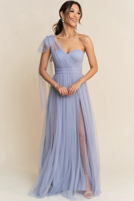 One Shoulder Tulle Tied Double Slits Details Maxi Dress  Dusty Blue