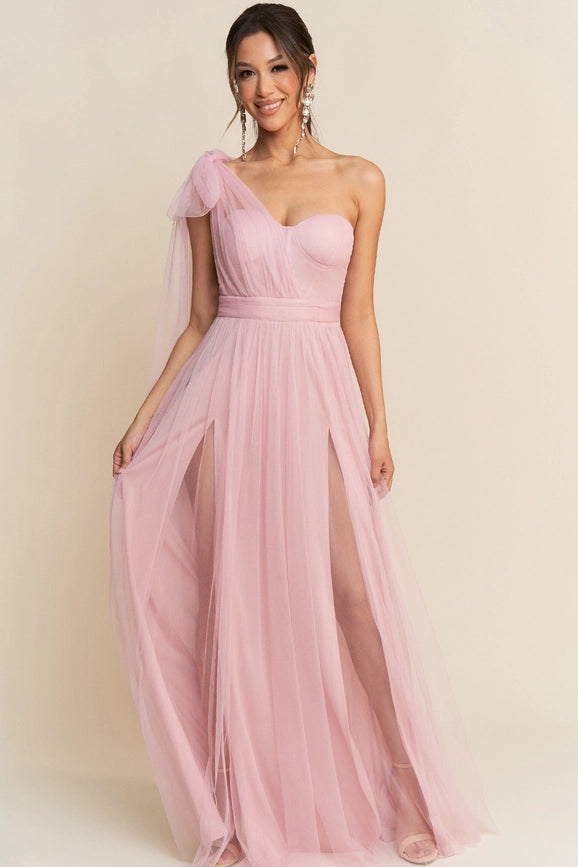 One Shoulder Tulle Tied Double Slits Details Maxi Dress  Pink