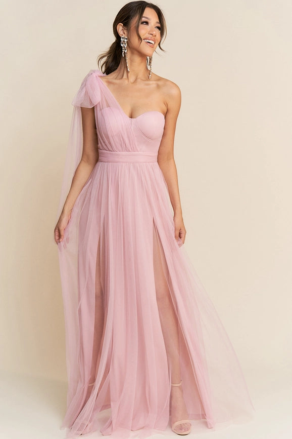 One Shoulder Tulle Tied Double Slits Details Maxi Dress  Pink