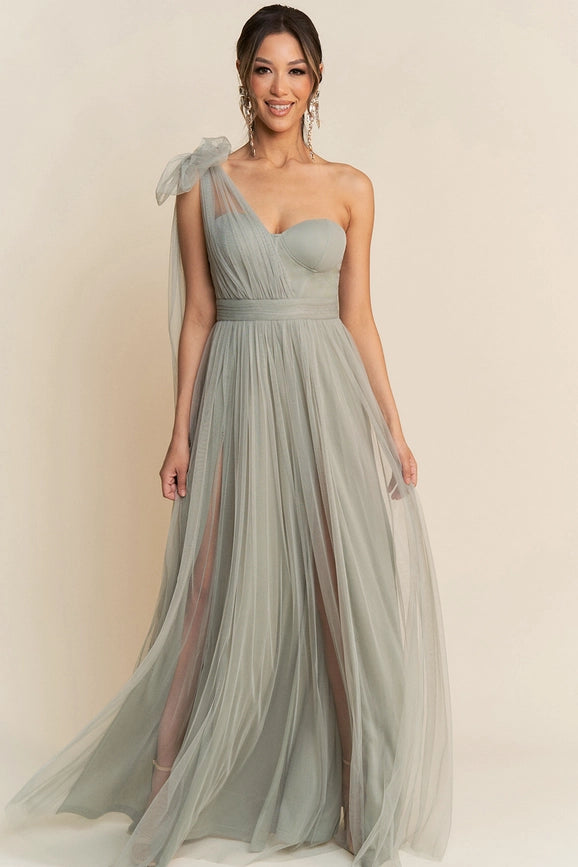 One Shoulder Tulle Tied Double Slits Details Maxi Dress  Sage