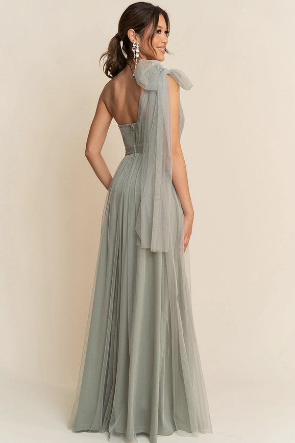 One Shoulder Tulle Tied Double Slits Details Maxi Dress  Sage